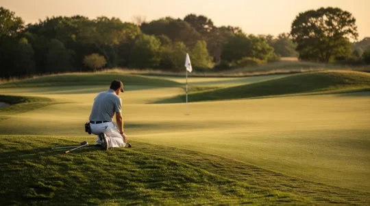 Golfeur analysant la pente d'un green avant un putt décisif