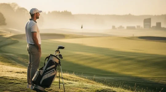 Golfeur amateur contemplant le parcours avec sa licence FFGolf en arrière-plan flou