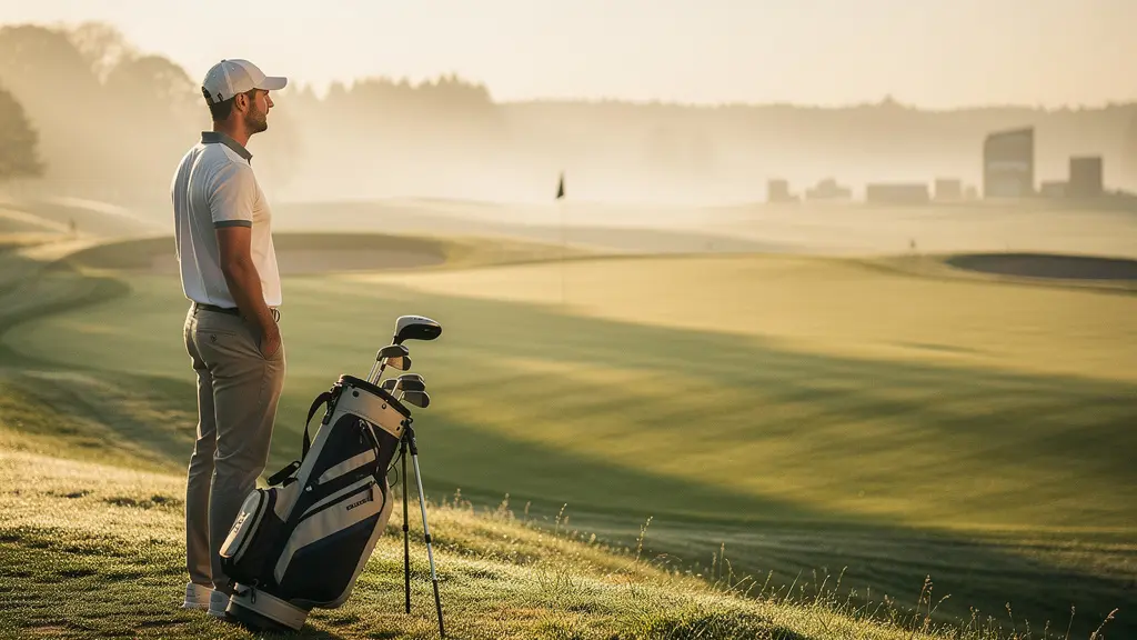 Golfeur amateur contemplant le parcours avec sa licence FFGolf en arrière-plan flou