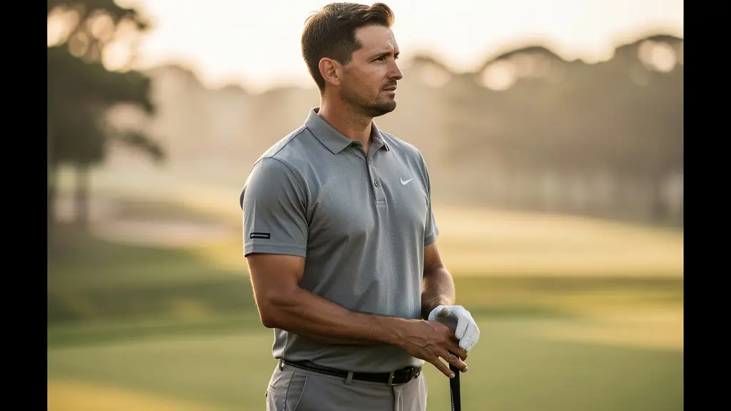 Golfeur en position méditative sur l'aire de départ, regard concentré vers l'horizon