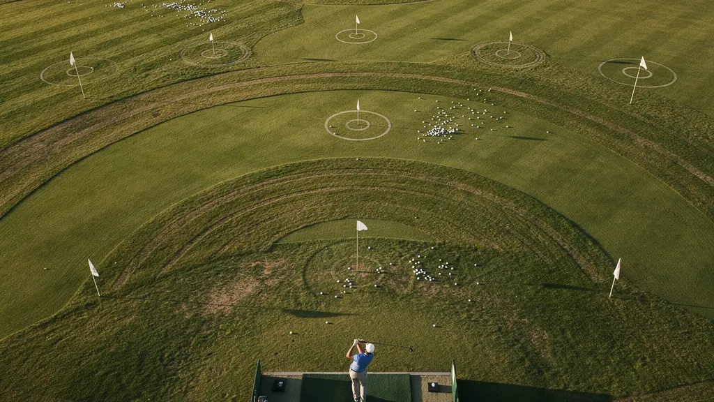 Vue aérienne d'un practice avec zones de distances marquées