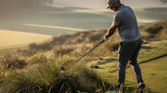 Golfeur en pleine exécution d'un swing vertical dans le rough, angle d'attaque marqué