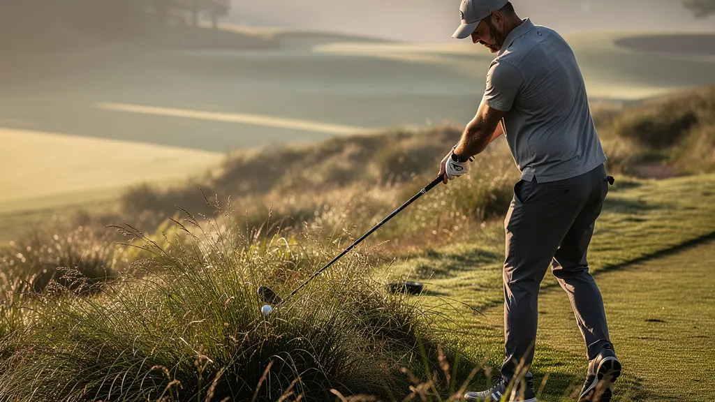 Golfeur en pleine exécution d'un swing vertical dans le rough, angle d'attaque marqué