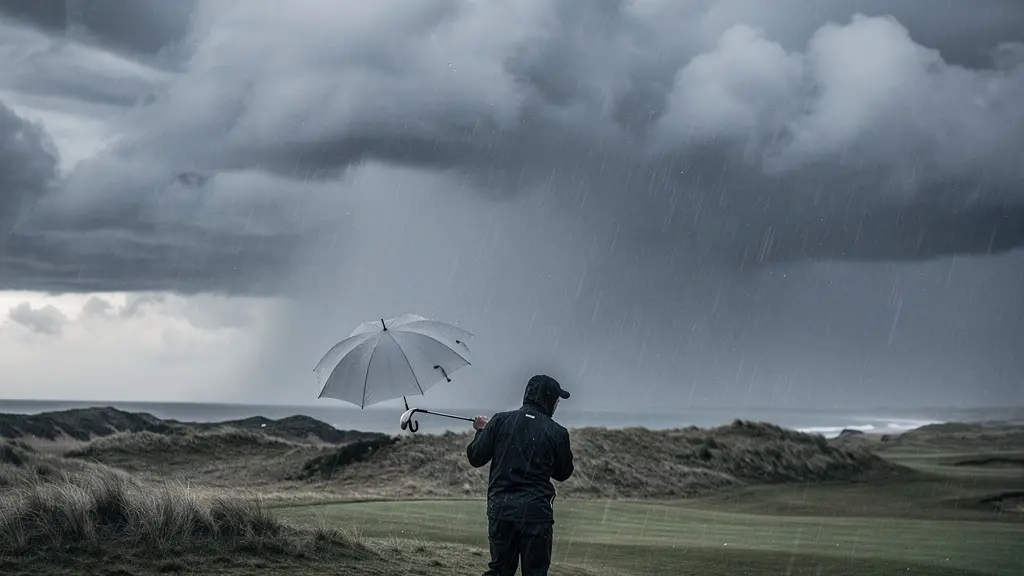 Golfeur jouant sous la pluie avec parapluie sur un parcours venteux