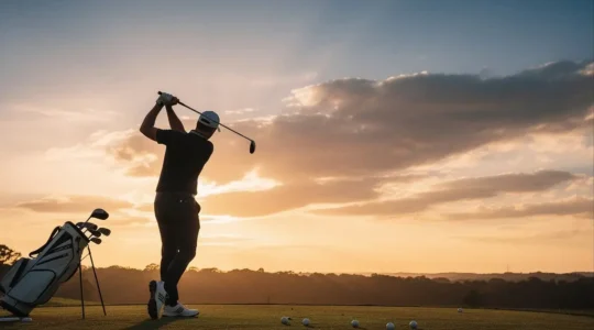 Golfeur en position de swing au practice lors d'un coucher de soleil doré, montrant concentration et détermination