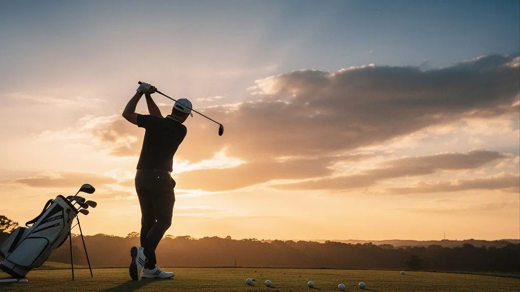 Golfeur en position de swing au practice lors d'un coucher de soleil doré, montrant concentration et détermination