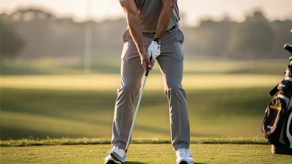 Golfeur préparant un coup d'approche vers le green avec concentration