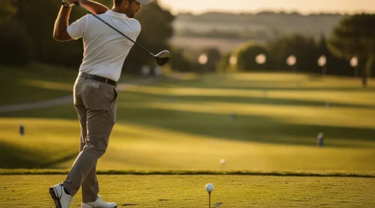 Golfeur débutant sur un practice français avant l'examen de la Carte Verte