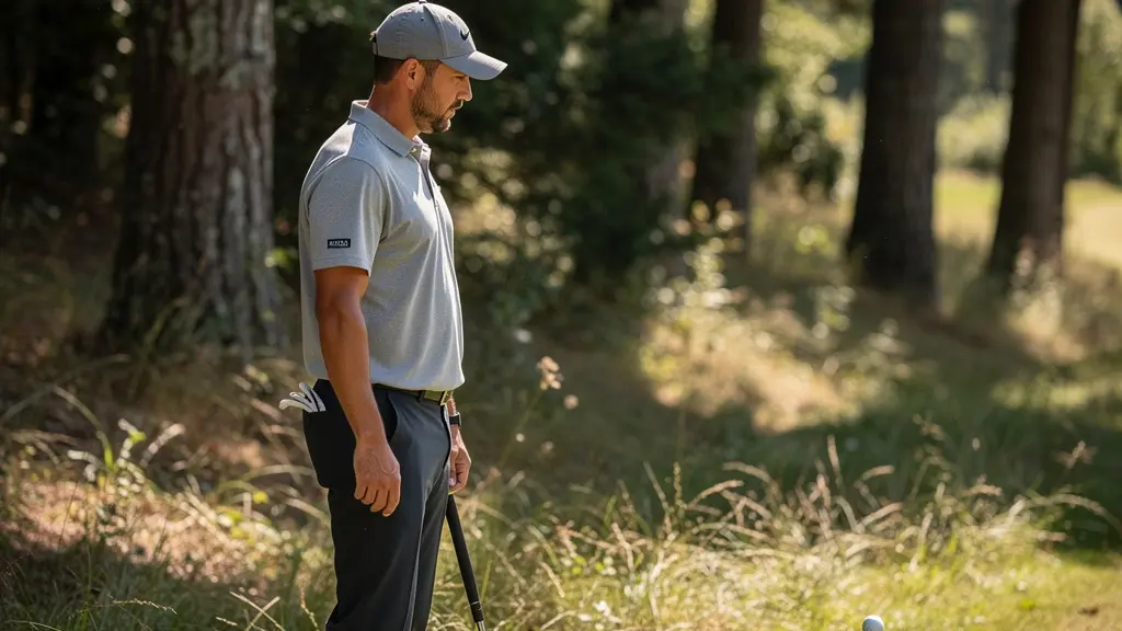 Golfeur en pause réflexion après un coup difficile, regardant calmement les options