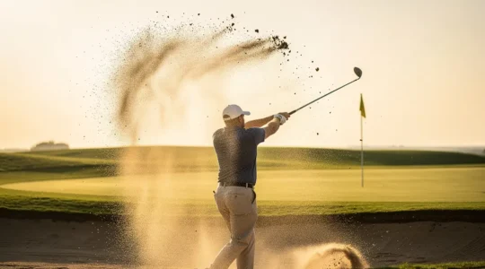 Golfeur exécutant une sortie de bunker avec explosion de sable doré sous un soleil matinal