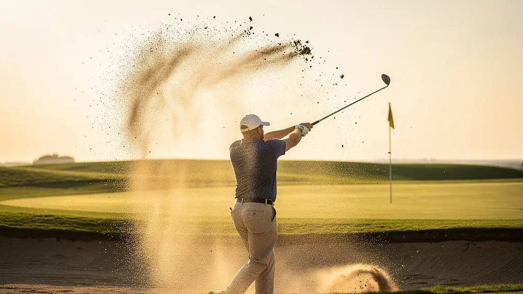 Golfeur exécutant une sortie de bunker avec explosion de sable doré sous un soleil matinal
