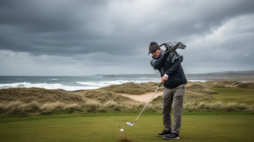 Golfeur sur un links côtier balayé par le vent, frappant une balle basse avec la mer et les dunes en arrière-plan, avec un grand espace de ciel exploitable.