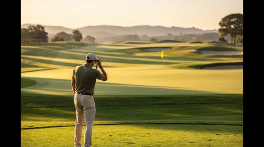 Golfeur professionnel mesurant précisément la distance avec un télémètre sur un fairway verdoyant