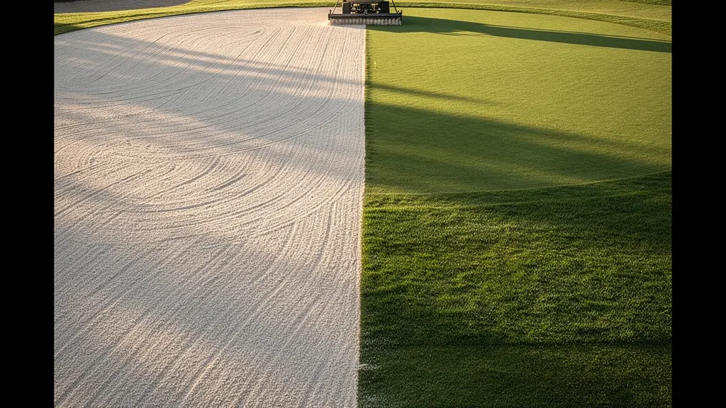 Vue en plongée d'un green de golf avec opération de sablage en cours montrant la texture granuleuse du sable