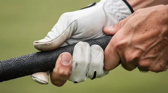 Gros plan sur les mains d'un golfeur ajustant son grip sur le club