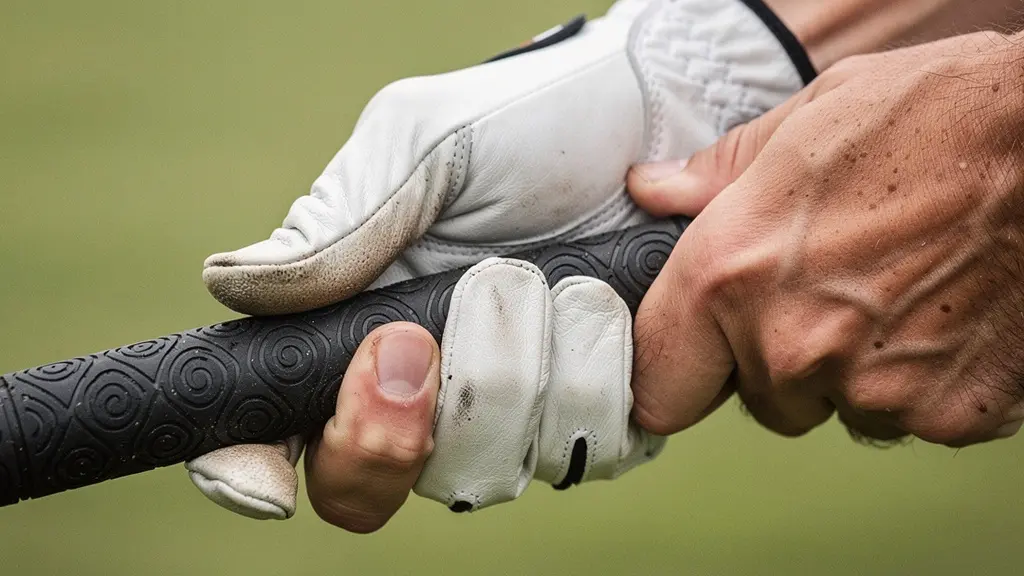 Gros plan sur les mains d'un golfeur ajustant son grip sur le club