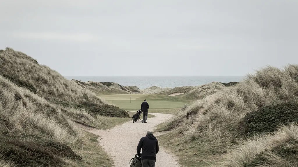 Silhouette d’un golfeur marchant sur un links balayé par le vent, dunes et herbes hautes, grand ciel vide, aucune voiturette visible.