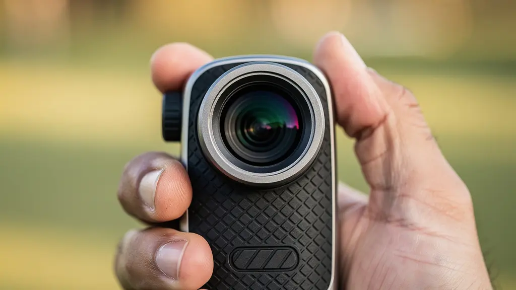 Main tenant un télémètre laser visant le fond du green, avec les différentes zones de profondeur visibles