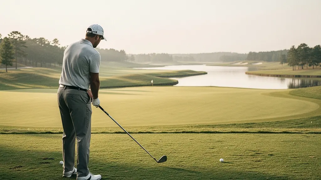 Vue large d'un départ de golf montrant un fer long choisi pour viser une zone de sécurité avant un obstacle.