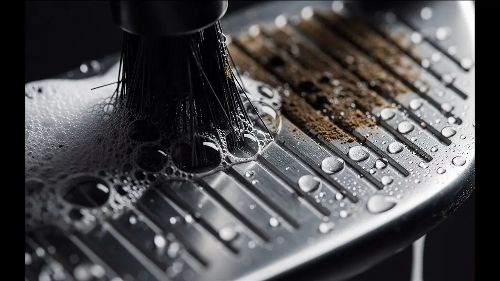 Vue macro des stries d'un club de golf en cours de nettoyage