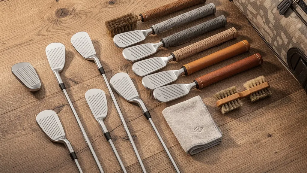 Équipement de golf méticuleusement organisé sur une surface en bois naturel