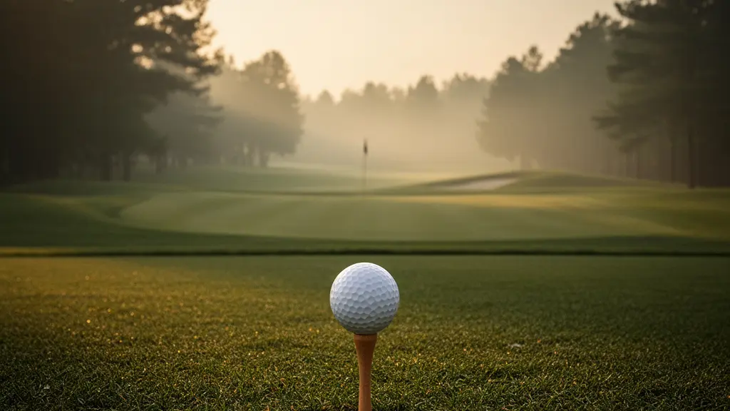 Vue large et contemplative du premier départ d'un parcours de golf 18 trous avec le fairway s'étirant vers l'horizon au petit matin