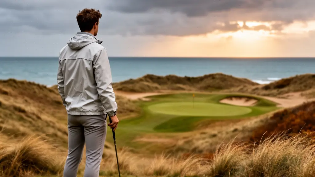 Un parcours de golf en bord de mer par une douce journée d'automne, fairway désert bordé de dunes sous un ciel nuageux aux teintes argentées
