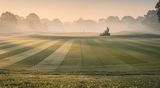 Vue panoramique d'un parcours de golf au lever du soleil avec rosée sur les greens et équipements d'entretien visibles au loin