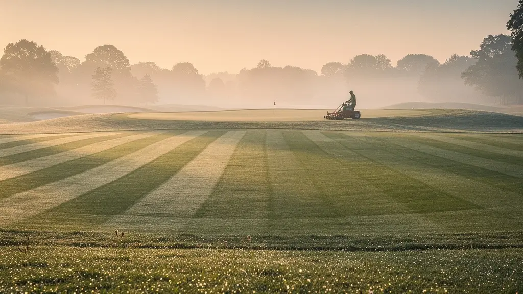 Vue panoramique d'un parcours de golf au lever du soleil avec rosée sur les greens et équipements d'entretien visibles au loin