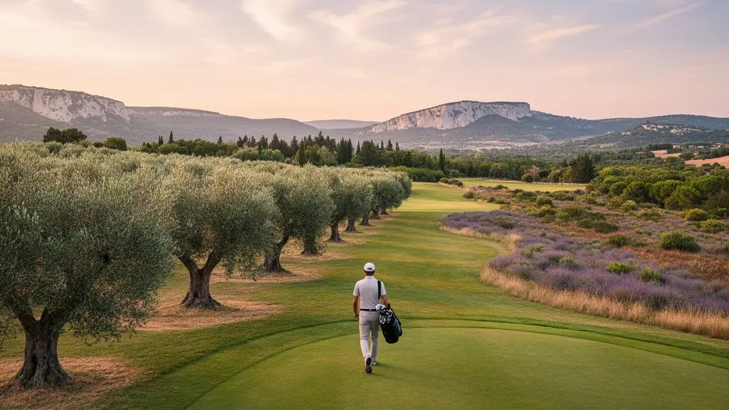 Vue panoramique d'un fairway de golf ondulant à travers un paysage provençal baigné de lumière dorée, avec des collines en arrière-plan