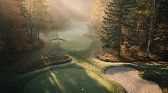 Vue aérienne d'un parcours de golf Parkland avec fairway sinueux entre des arbres majestueux et green entouré de forêt