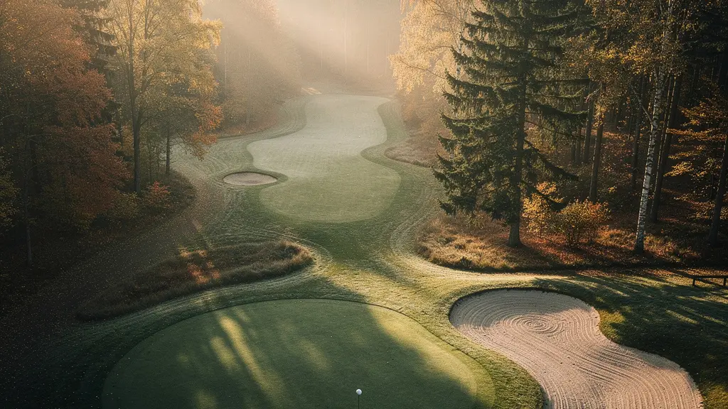 Vue aérienne d'un parcours de golf Parkland avec fairway sinueux entre des arbres majestueux et green entouré de forêt
