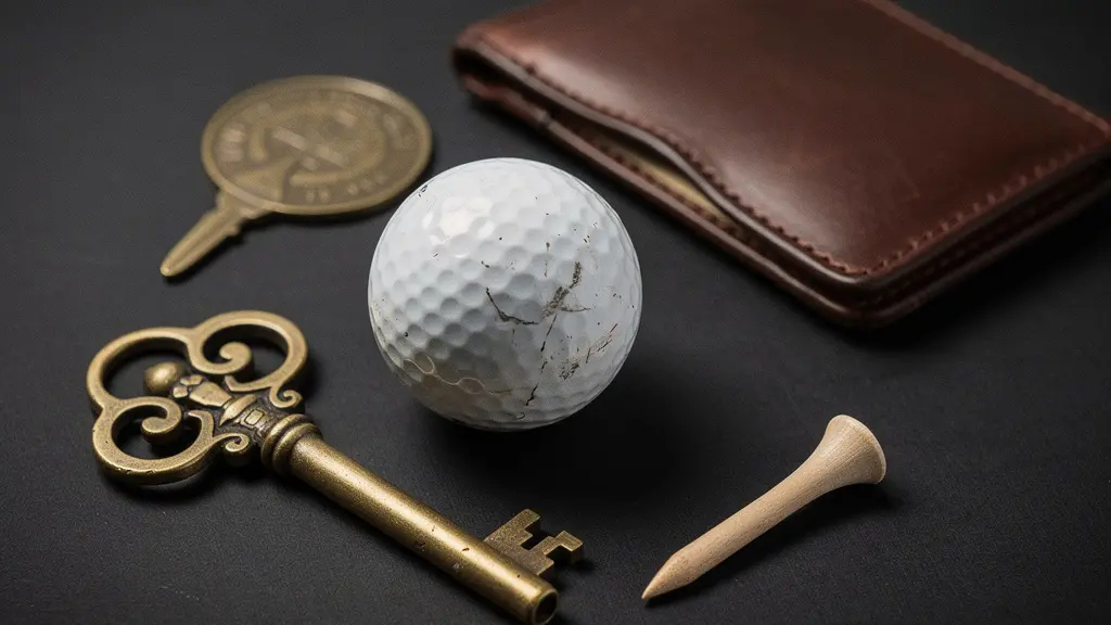 Une scène symbolique avec une balle de golf posée près d’une clé ancienne et d’un objet de laiton, éclairée comme une nature morte, suggérant le prix d’entrée d’un parcours mythique.