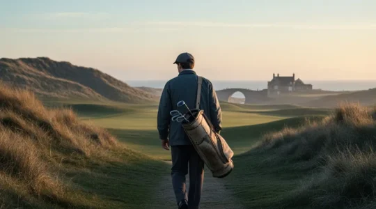 Un golfeur marche au lever du jour sur un links côtier historique, avec la mer au loin et un large espace de ciel dégagé.