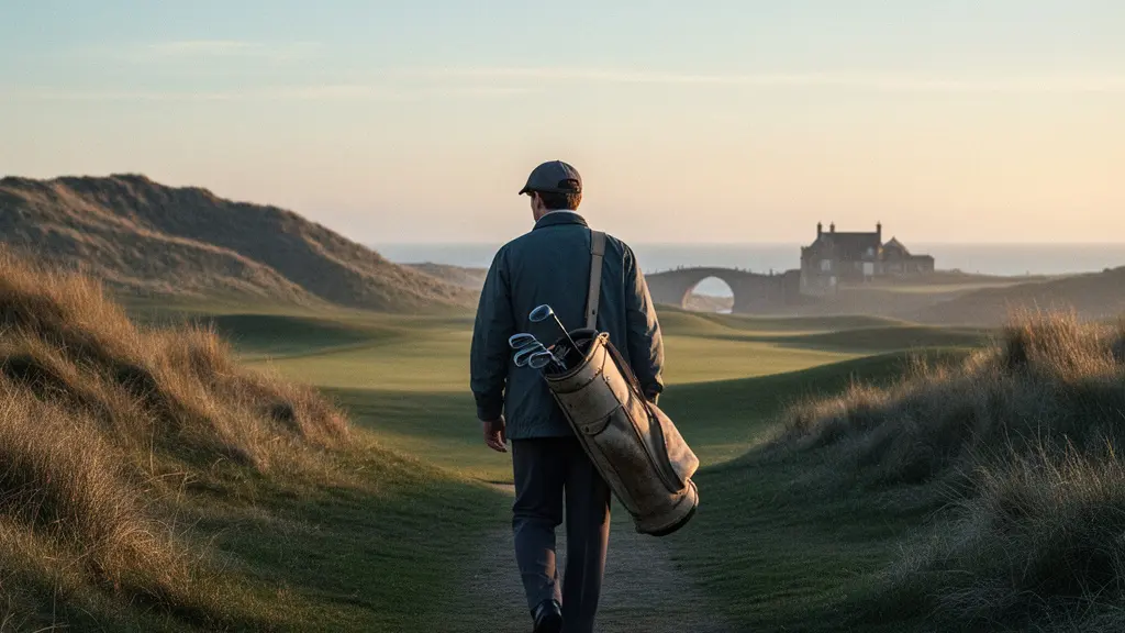 Un golfeur marche au lever du jour sur un links côtier historique, avec la mer au loin et un large espace de ciel dégagé.