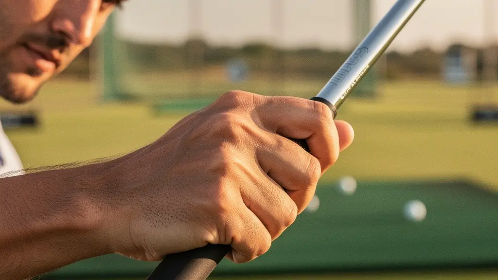 Vue détaillée du placement correct du pad de la main sur le grip du club
