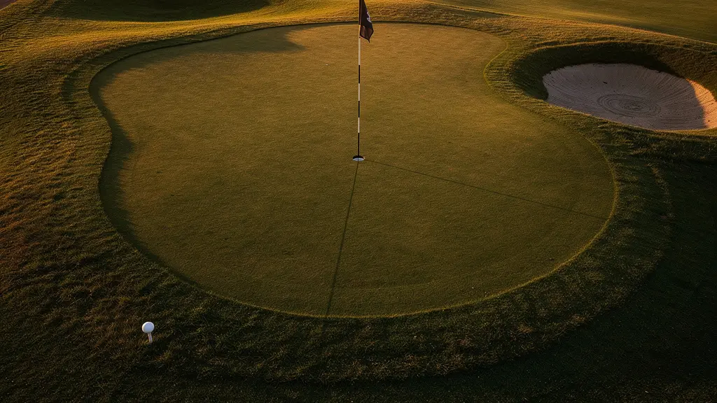 Vue aérienne d'un green montrant les zones sûres et dangereuses pour l'approche