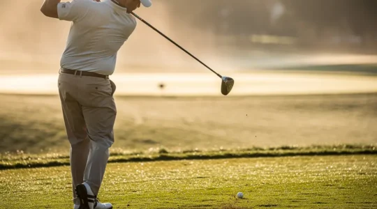 Golfeur professionnel exécutant un swing contrôlé sur un fairway matinal avec une herbe parfaitement tondue