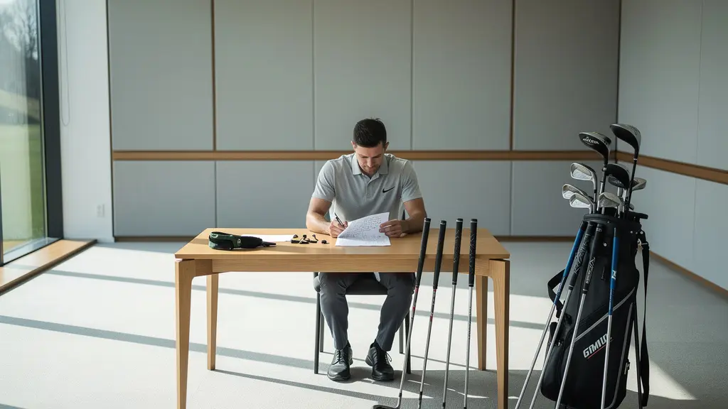 Golfeur consultant son journal de bord avant une séance de fitting professionnelle