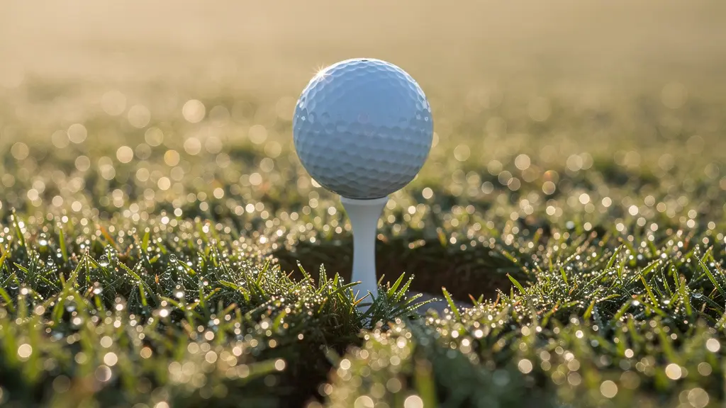 Gros plan sur une balle de golf sur un green couvert de rosée matinale avec traces de roule visibles