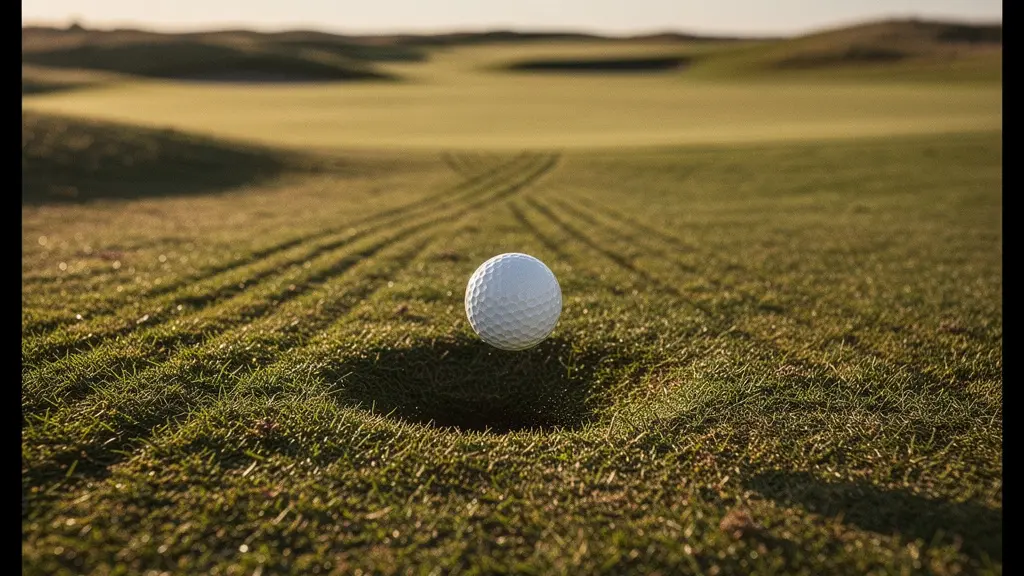 Balle de golf rebondissant sur un fairway très ferme avec des ondulations discrètes qui dévient sa trajectoire vers une zone risquée.
