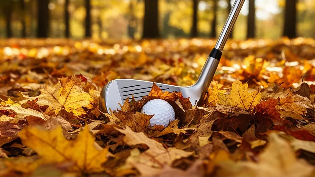 Sol de parcours recouvert de feuilles mortes dorées avec club de golf sondant délicatement