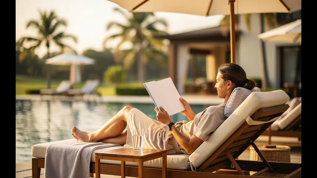 Vue aérienne d'un resort golf avec spa, piscines et espaces de détente