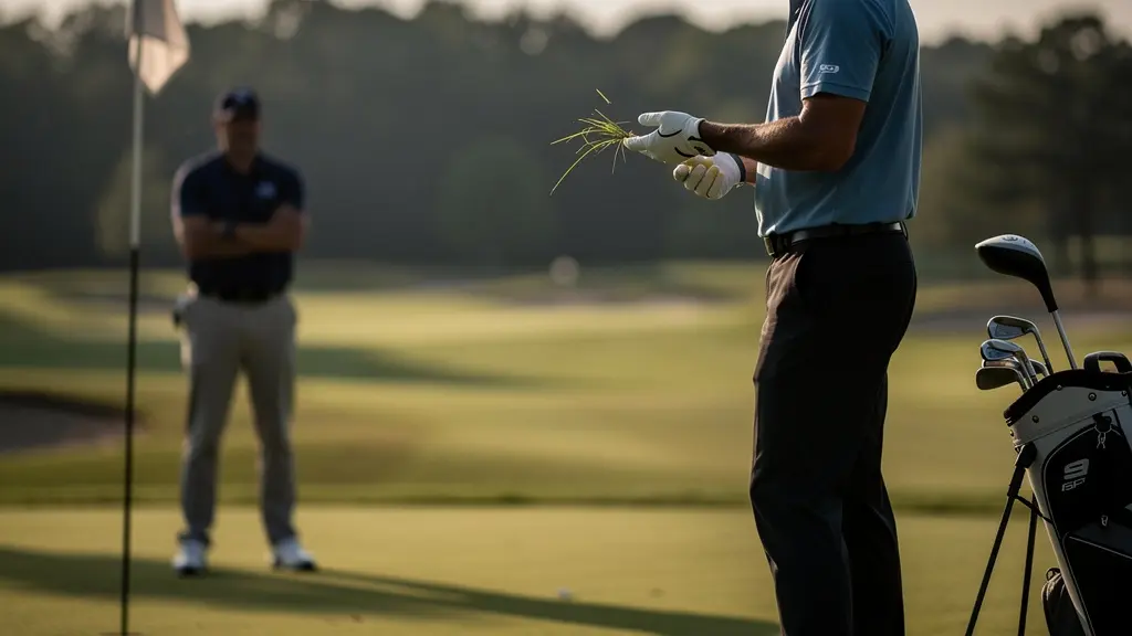 Golfeur ralentissant délibérément sa routine de préparation pendant que son adversaire attend, créant une tension palpable