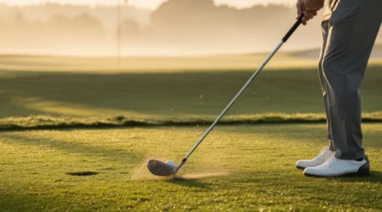 Golfeur utilisant un sand wedge pour une approche précise près du green avec technique professionnelle