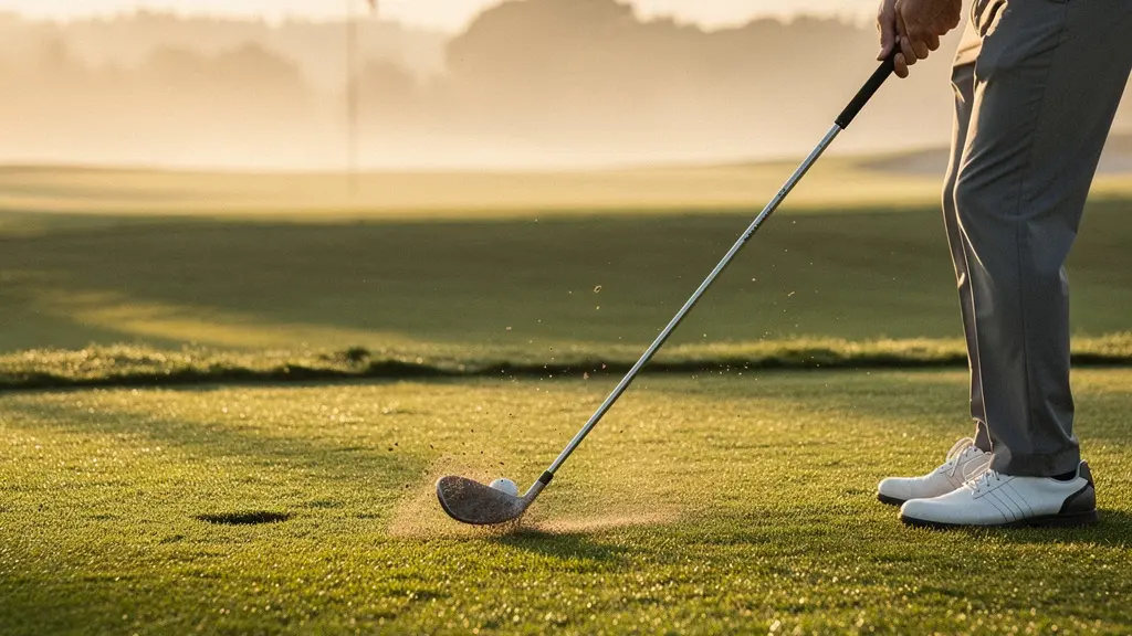 Golfeur utilisant un sand wedge pour une approche précise près du green avec technique professionnelle