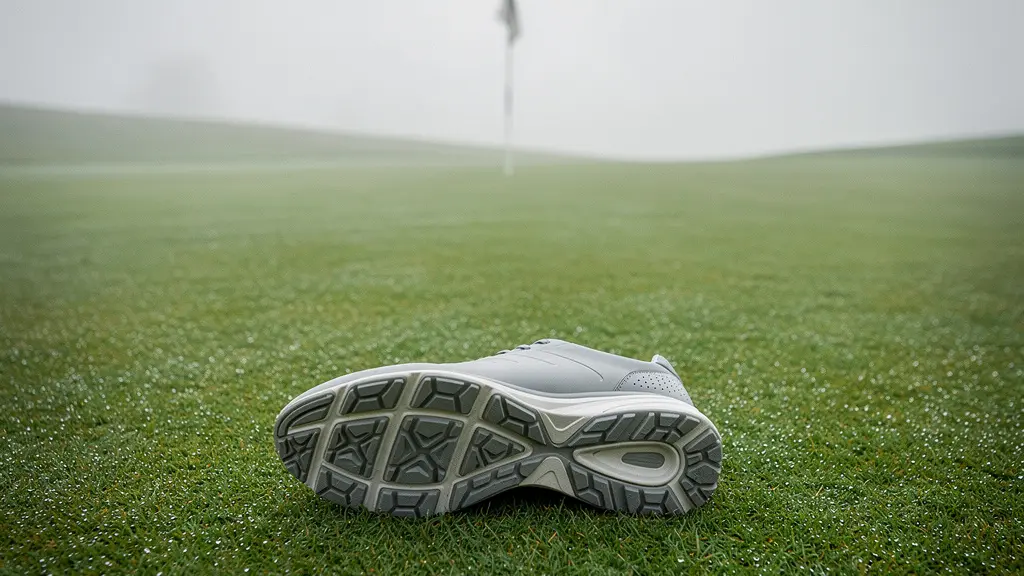 Vue rapprochée d'une semelle de chaussure de golf hybride posée sur du gazon ras, montrant la texture souple et les motifs d'adhérence