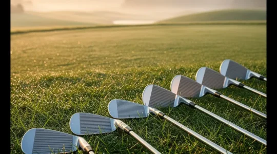 Alignement de fers de golf professionnels sur un parcours avec vue sur le fairway