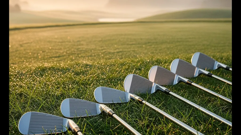 Alignement de fers de golf professionnels sur un parcours avec vue sur le fairway
