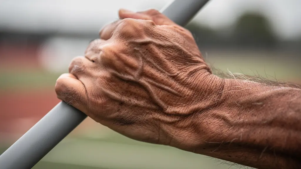Vue rapprochée des mains d'un golfeur senior tenant un speed stick coloré pendant l'entraînement